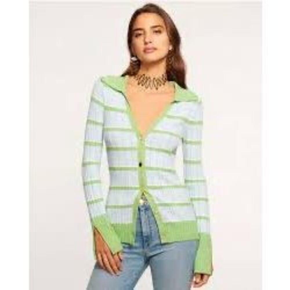 NWT Ramy Brook “Raya” Stripe Knit Button-front Sweater, in light blue and green